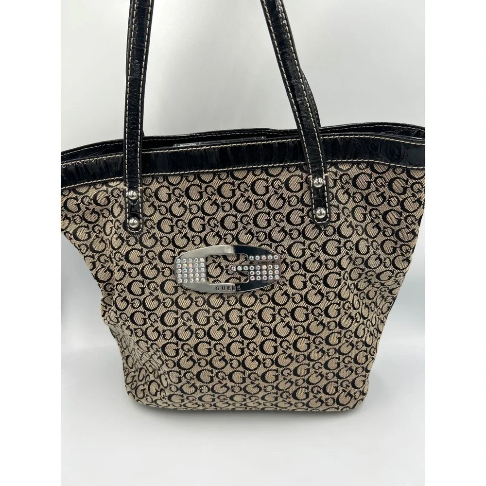 Guess Monogram Tote Bag Black Tan Canvas Rhinestone G Logo‎ Y2K Purse